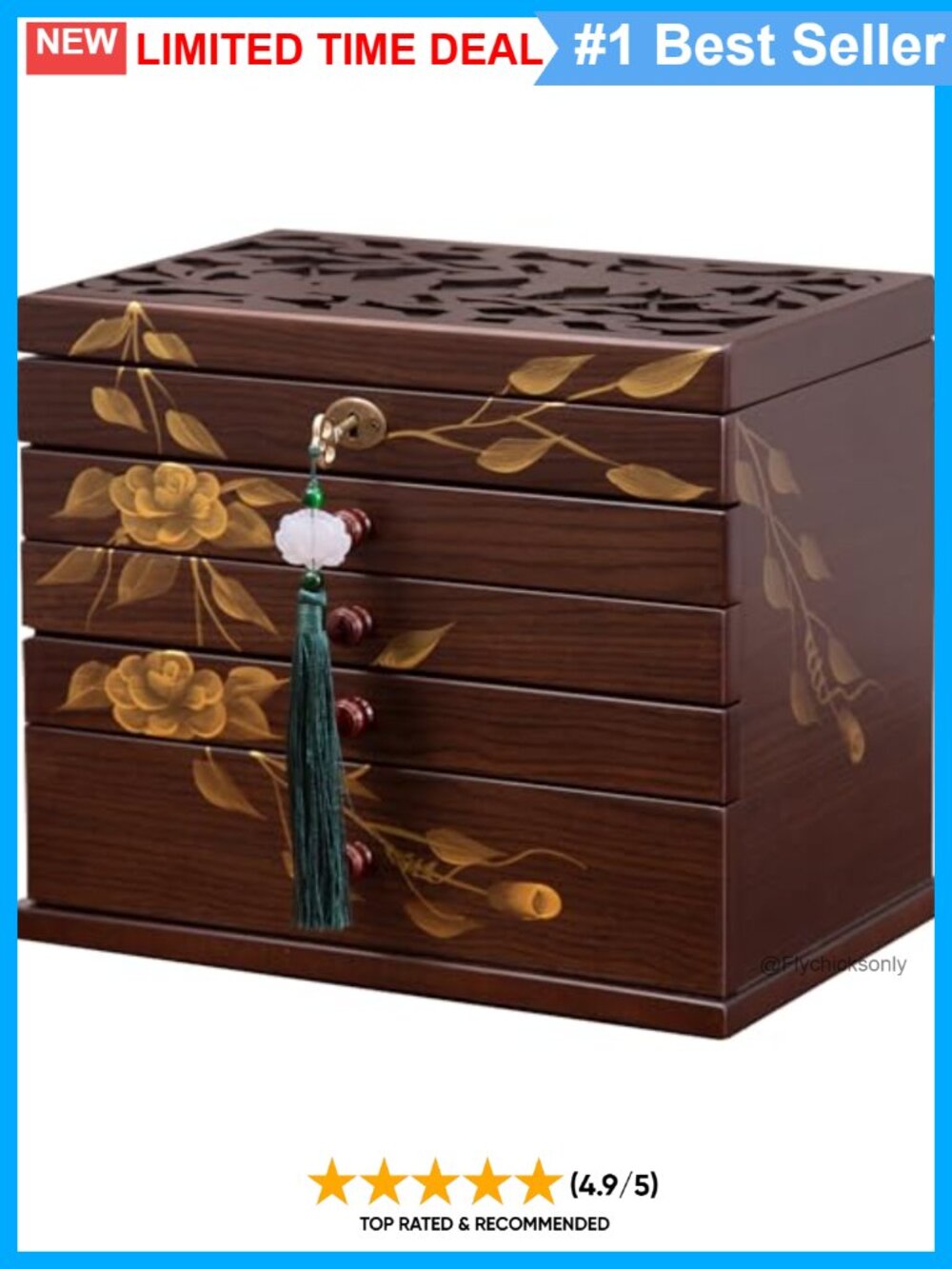 Solid Wood Hand-Painted Jewelry Box 6-Layer Lockable Organizer